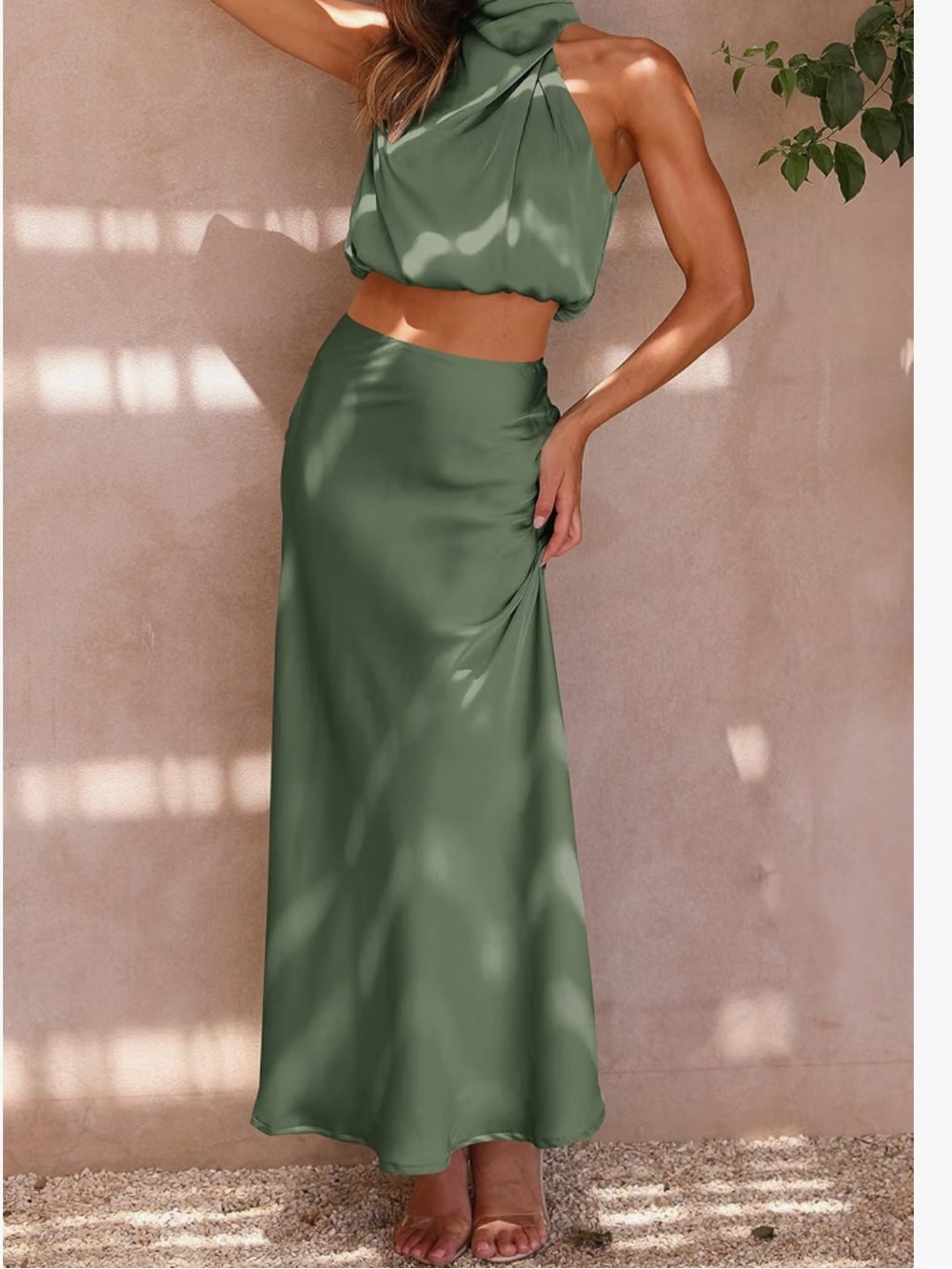 PRETTY GARDEN Sage Green Satin Maxi Skirt 2 Piece Set Women SZ SM Wedding